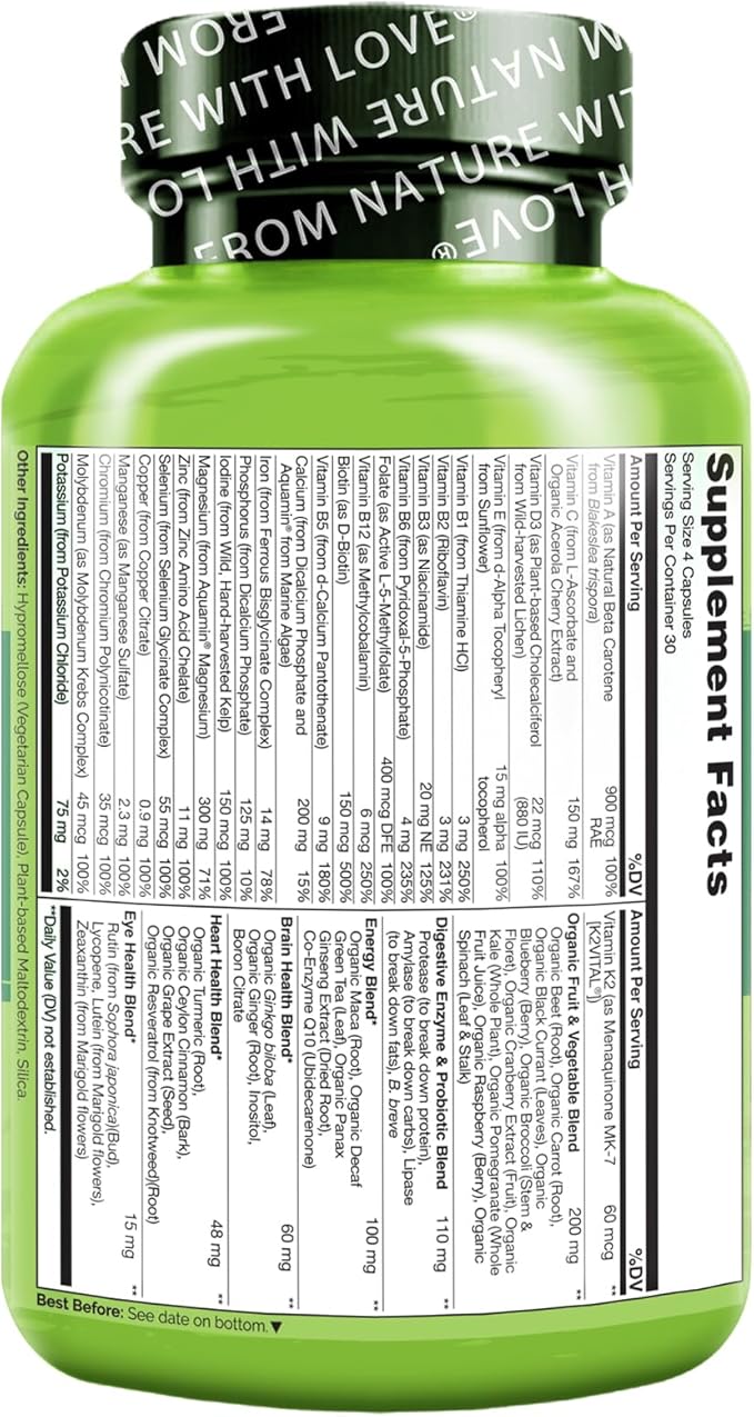 NATURELO Whole Food Multivitamin for Women - with Vitamins, Minerals, & Organic Extracts - Supplement for Energy and Heart Health - Vegan - Non GMO - 120 Capsules