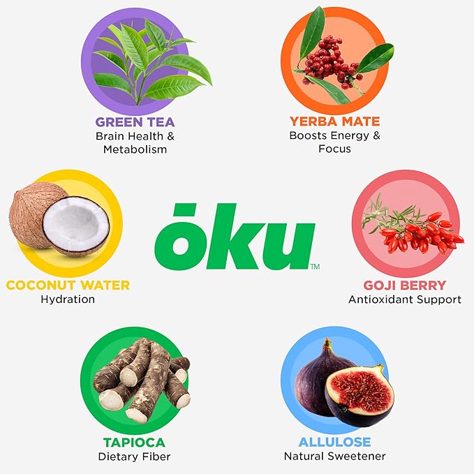 ōku Conscious Energy Gummy Snacks – Natural Caffeine from Green Tea & Yerba Mate, Vegan, Clean Ingredients, Gluten-Free, Focused Energy, Antioxidants & Fiber, Strawberry Pack of 12