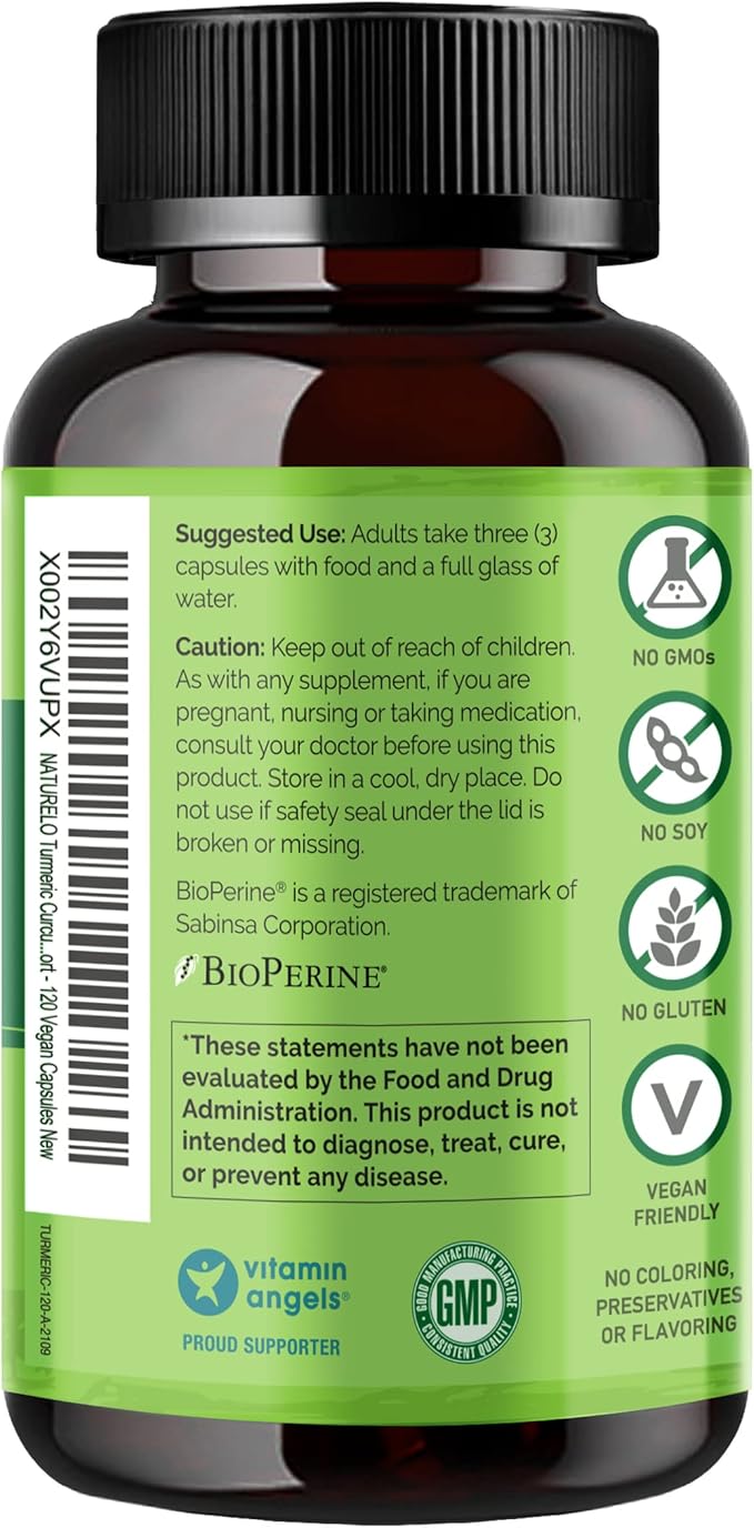 NATURELO Turmeric Curcumin with BioPerine - Ginger Root, Black Pepper, Curcuminoids - Relief for Stiff, Sore Joints - 120 Vegan Capsules (2 Pack)