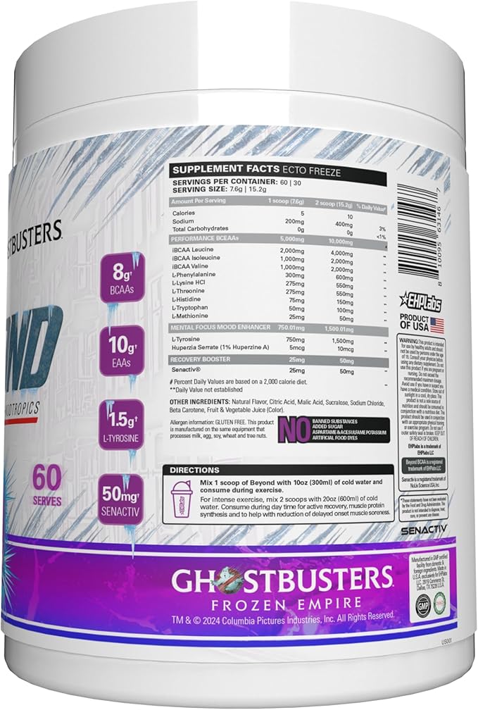 EHP Labs x Ghostbusters Beyond BCAA Powder Amino Acids Supplement for Muscle Recovery - Sugar Free BCAAs Amino Acids Post Workout Recovery Powder & EAA Amino Acids Powder - 60 Servings (Ecto Freeze)