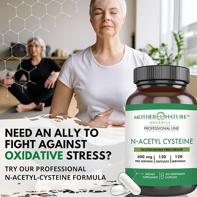 Mother Nature N-Acetyl-L-Cysteine, NAC 600 mg for Glutathione Production – Potent Antioxidant for Liver & Immune Support, Respiratory and Heart Health, 120 Capsules