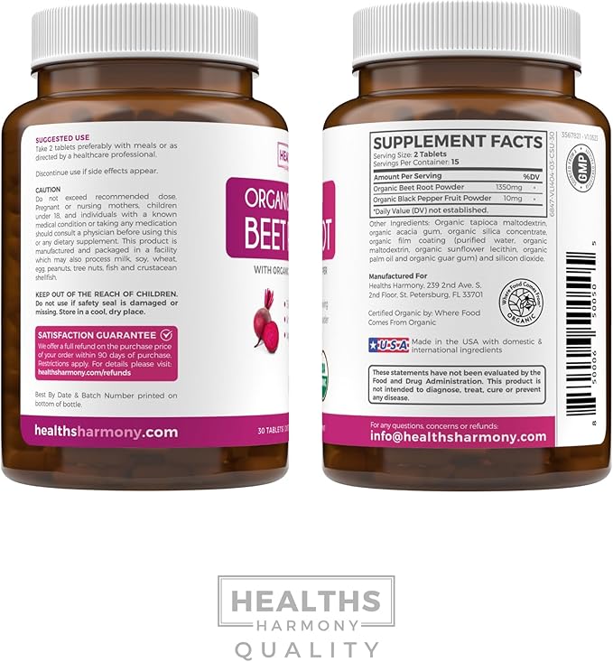 USDA Organic Beet Root Powder (30 Tablets) 1350mg Beets Per Serving with Black Pepper for Extra Absorption - Super Antioxidant and Nitrate Supplement for Athletic Performance and Stamina- No Capsules
