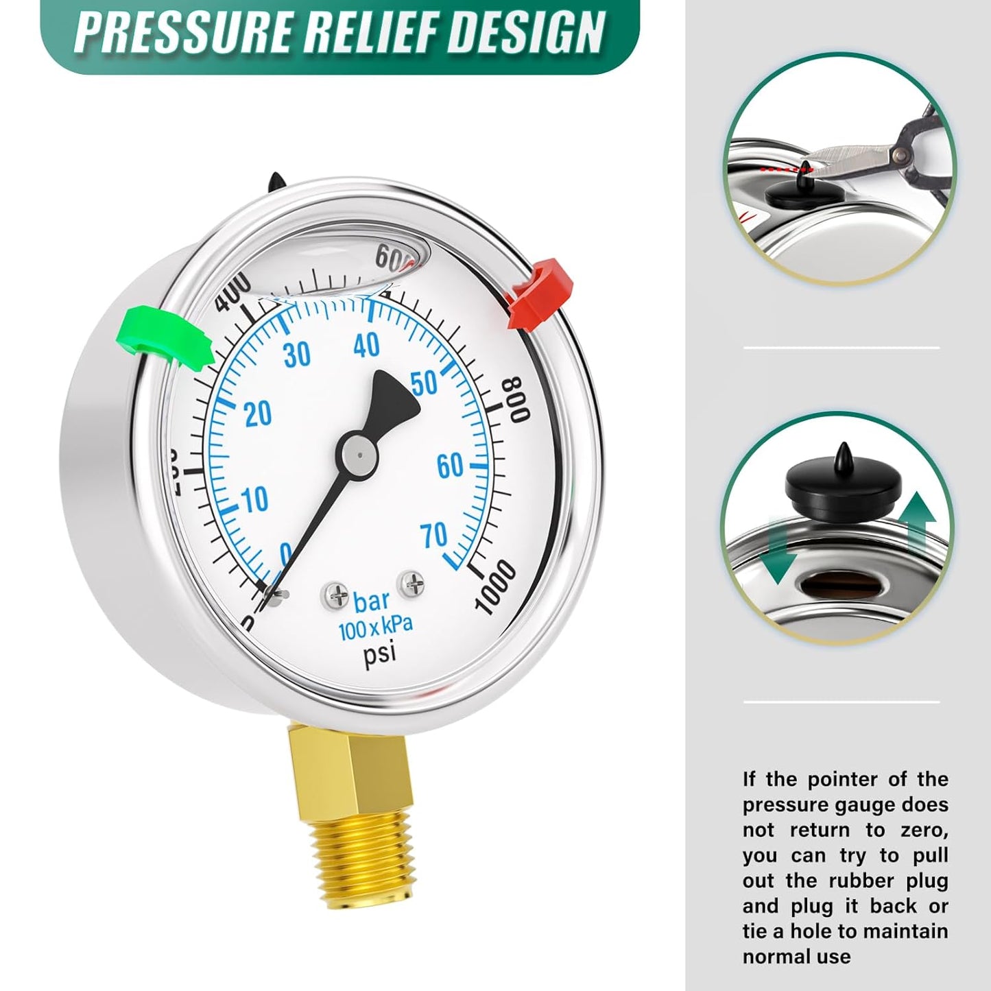 0-1000PSI Stainless Steel Liquid Filled Pressure Gauge, 2.5" Dial Size, 1/4" NPT Lower Mount, for Tube, Water Pump, Gas, Liquid, Pressure Test (with Range Mark Pointer)