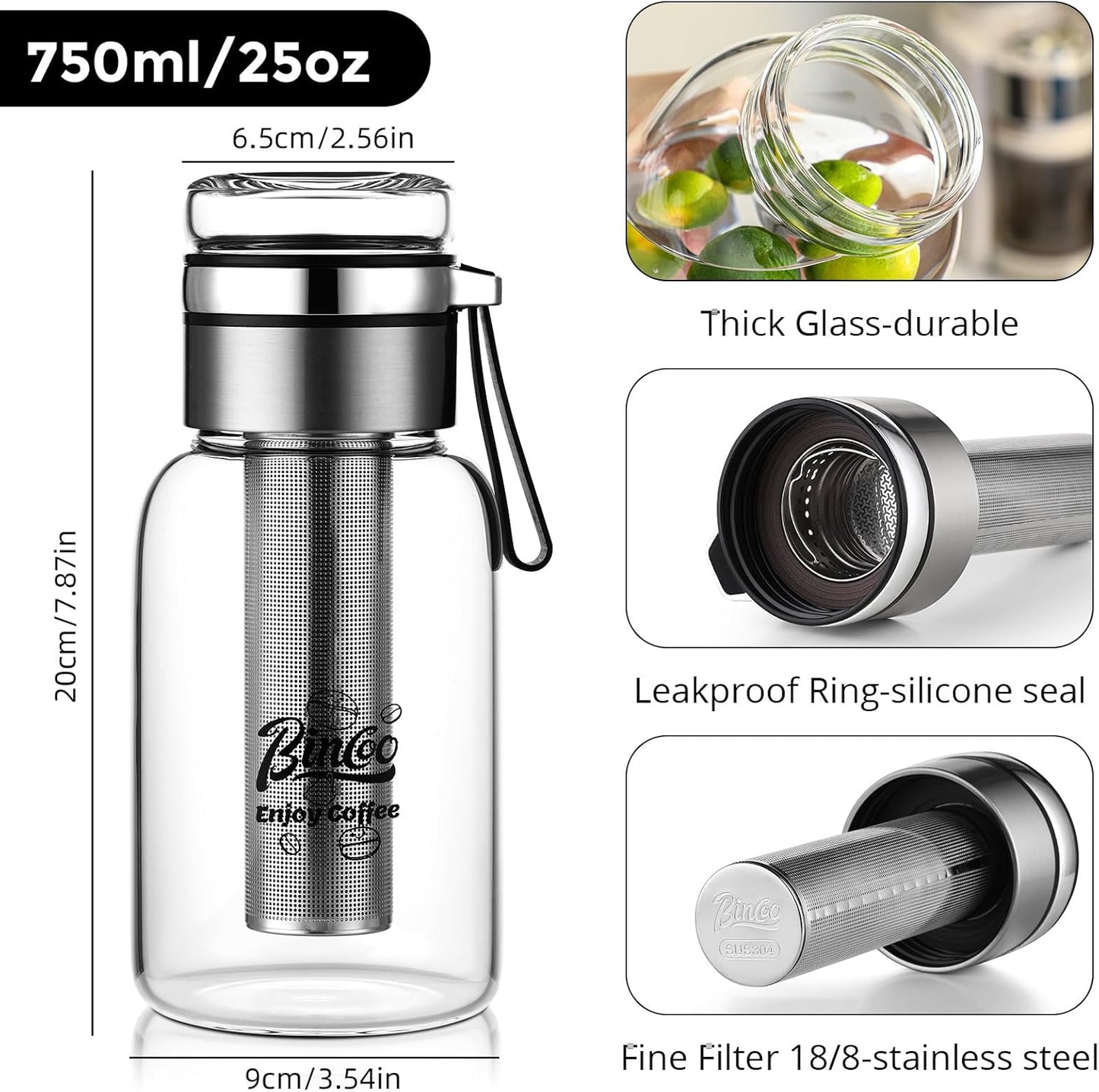 Glass Cold Brew Coffee Maker with Extended Fine Mesh Filter, Tea Infuser Bottle Iced Coffee Maker with Thick Borosilicate Glass (750ml/24oz)