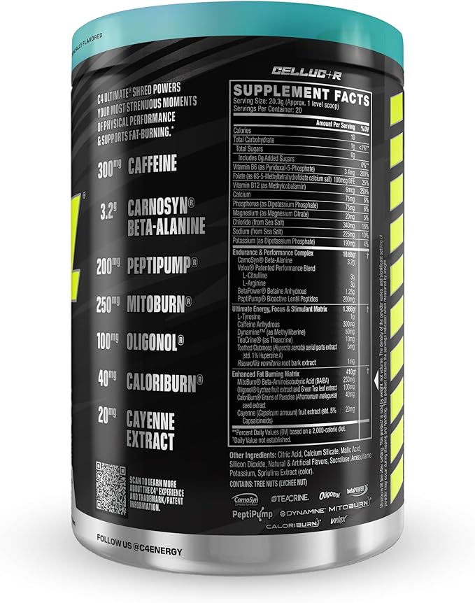 Cellucor C4 Ultimate Shred Pre Workout Powder, Metabolism Supplement with Cayenne Extract+300mg Caffeine+TeaCrine+Dynamine - Frozen Bombsicle, 20 Servings