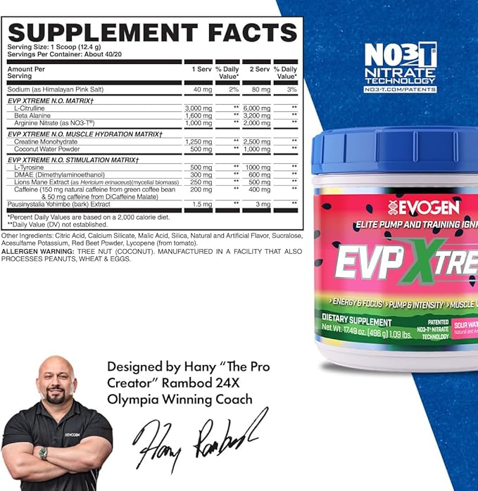 Evogen EVP Xtreme NO - Pre Workout Powder for Men & Women | Sugar Free Preworkout with Beta Alanine, Creatine, and Caffeine for Energy & Pump | Sour Watermelon | 40 Servings
