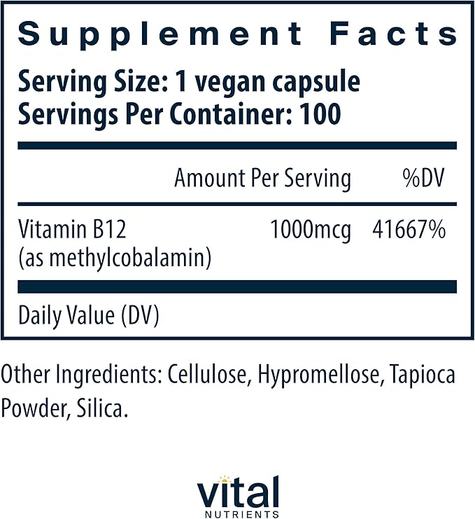 Vital Nutrients Vitamin B12 1000mcg | Vegan Methylated B12 | Methylcobalamin for Metabolism, Cognitive, & Nervous System Health* | High-Potency B12 Supplement | Gluten, Dairy, Soy Free | 100 Capsules