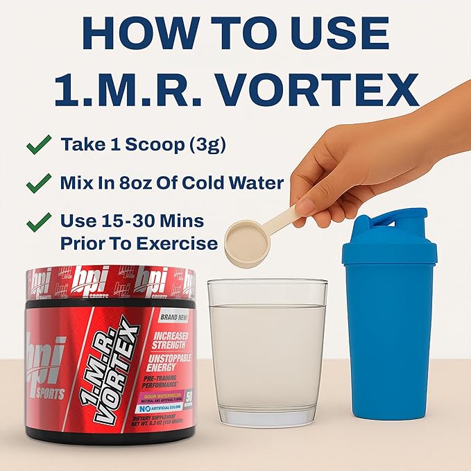 BPI Sports 1.M.R Vortex Pre Workout Powder – High Stim Preworkout for Men & Women with Glycerol, Caffeine, Niacin, and Herbal Extracts – Energy, Focus & Endurance – Sour Watermelon – 50 Servings