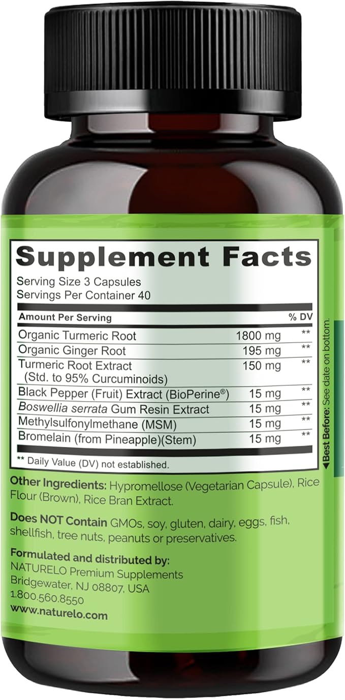 NATURELO Turmeric Curcumin with BioPerine - Ginger Root, Black Pepper, Curcuminoids - Relief for Stiff, Sore Joints - 120 Vegan Capsules (2 Pack)