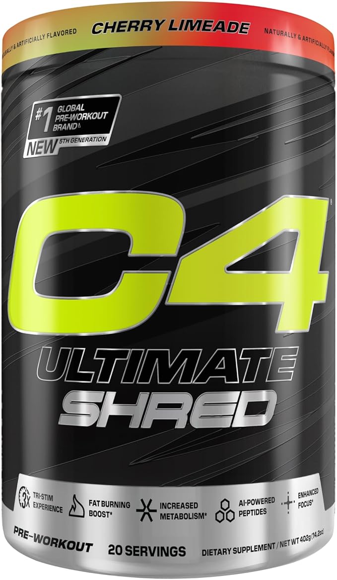 Cellucor C4 Ultimate Shred Pre Workout Powder, Metabolism Supplement with Cayenne Extract+300mg Caffeine+TeaCrine+Dynamine - Cherry Limeade, 20 Servings