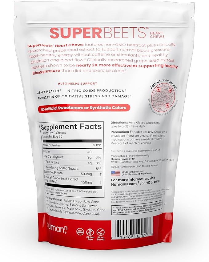 humanN SuperBeets Heart Chews, Nitric Oxide and Blood Pressure Support, Grape Seed Extract & Non-GMO Beet Root Powder Energy Chews, Super Beets Heart Chews, Pomegranate Berry Flavor, 180 Count