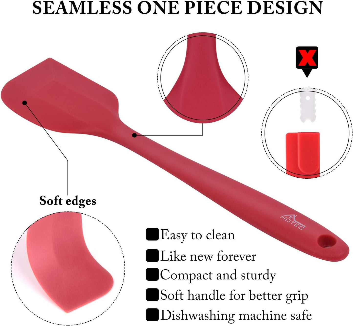 HOTEC Heat Resistant 600℉ BPA-Free Silicone Rubber Spatula Set, Kithchen Cooking Spatulas, Baking, Mixing, for Non Stick Cookware, Dishwasher Safe, Red Set of 5