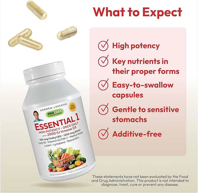 ANDREW LESSMAN Essential-1 Multivitamin 2000 IU Vitamin D3 180 Small Capsules – 100 mcg Methyl B12. CoQ10 Lutein Lycopene Zeaxanthin. High Potency. No Additives. Gentle Ultra-Mild. One Daily Capsule