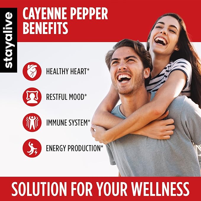 Stay Alive Cayenne Pepper 8000mg, Ginger 1500mg, Garlic 1500mg, Turmeric 1500mg, BeetRoot 3000mg, Black Pepper, 120 Cayenne Capsules, Support Cardiovascular & Immune System, Capsaicin Supplement Pills