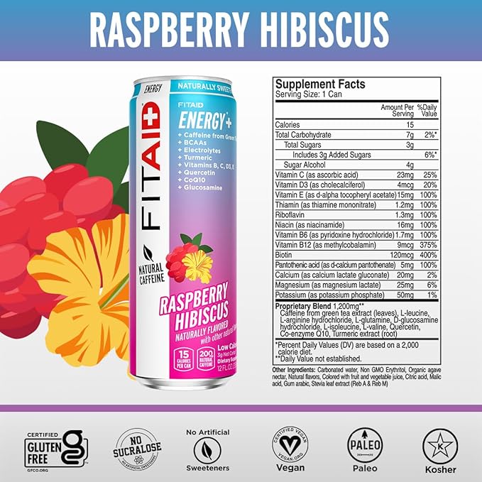 FITAID ENERGY, 200mg Natural Caffeine, Keto, Raspberry Hibiscus, Optimum Performance Formula: BCAAs, Quercetin, Electrolytes, Omega-3s, Paleo, Vegan & GlutenFree, 12 Fl Oz cans (Pack of 24)