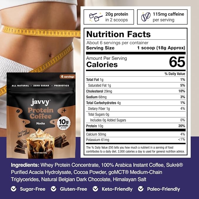Javy Mocha Protein Coffee - Premium Whey Protein & Instant Iced Coffee - 100% Arabica Coffee - Zero Artificial Flavors & Sweeteners, 6 Servings