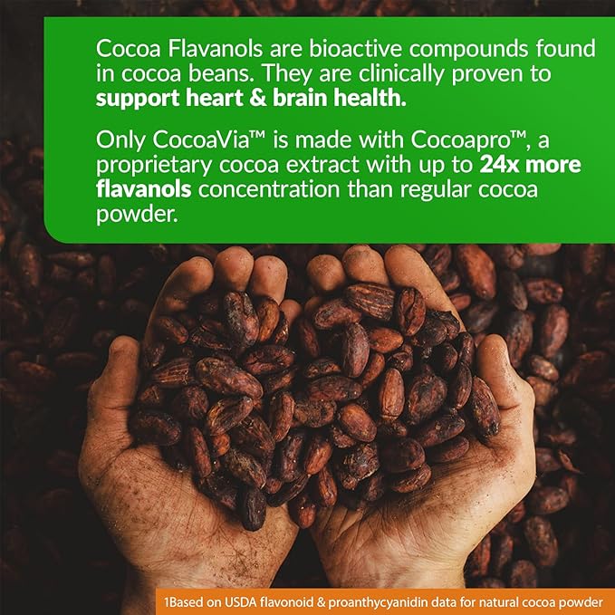 CocoaVia Heart & Brain Supplement, 30 Day, Cocoa Flavanol Extract, Memory & Circulation Booster, Nitric Oxide, Boost Oxygen & Energy, Plant Based, Gluten Free, Vegan, 60 Capsules