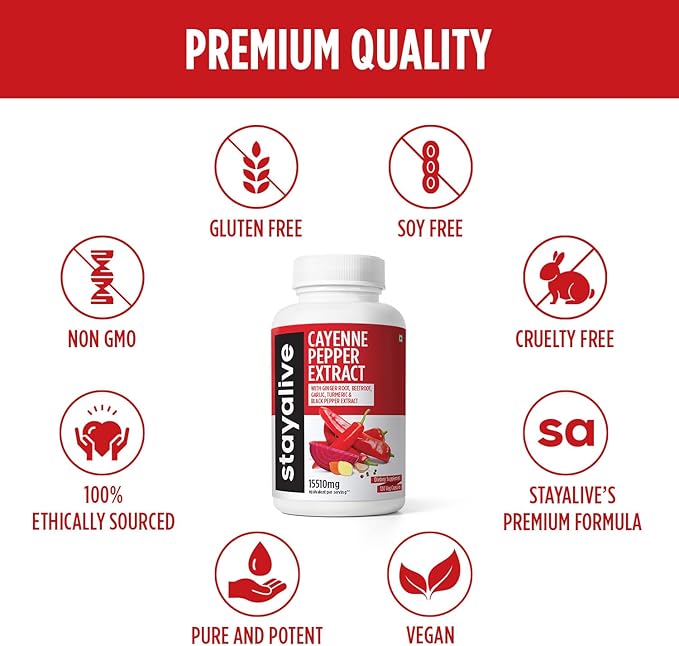 Stay Alive Cayenne Pepper 8000mg, Ginger 1500mg, Garlic 1500mg, Turmeric 1500mg, BeetRoot 3000mg, Black Pepper, 120 Cayenne Capsules, Support Cardiovascular & Immune System, Capsaicin Supplement Pills
