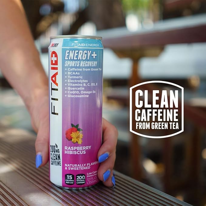 FITAID ENERGY, 200mg Natural Caffeine, Keto, Raspberry Hibiscus, Optimum Performance Formula: BCAAs, Quercetin, Electrolytes, Omega-3s, Paleo, Vegan & GlutenFree, 12 Fl Oz cans (Pack of 24)