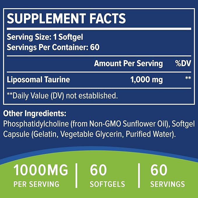 Taurine 1000mg - Liposomal Taurine Amino Acid Supplement for Heart, Liver, and Brain, Longevity - High Absorption, Vegan & Gluten Free (60 Softgels - 2 Pack)