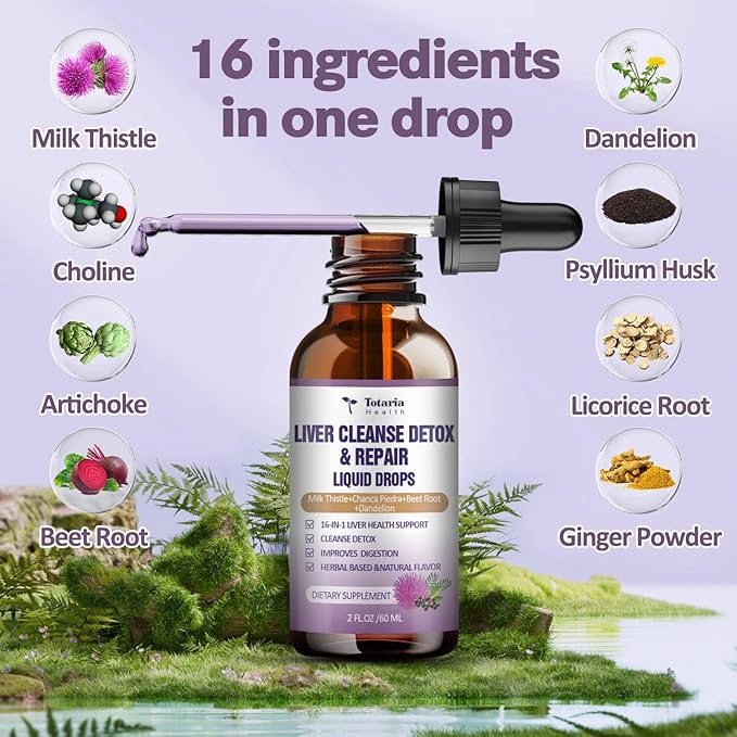 Liver Cleanse Detox & Repair Liquid,1100mg Milk Thistle Supplement Dandelion Root and 16+ Herbs for Liver Support Active Liver Health Formula No Sugar Vegan Non-GMO All-Natural 2 Fl Oz (Pack of 2