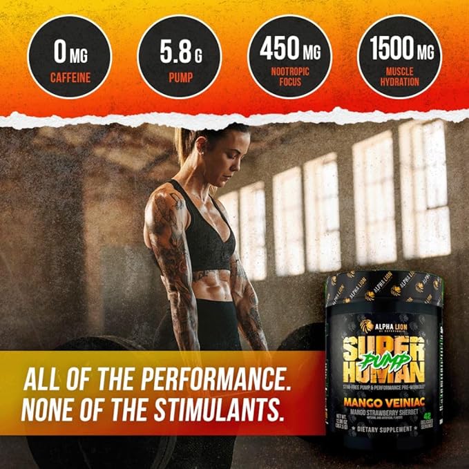 ALPHA LION Superhuman Pump Pre Workout Powder, Nootropic Caffeine & Stim Free Preworkout Supplement, Nitric Oxide Booster, Muscle Gainer, Energy & Focus (42 Servings, Mango Veiniac Flavor)