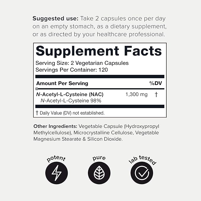 Toniiq 1300mg NAC - 4 Month Supply - Min. 98%+ Tested Purity - Ultra High Strength Bioavailable NAC Cysteine Supplement - 240 Vegetarian N Acetyl Cysteine Capsules -Lab Tested TQ