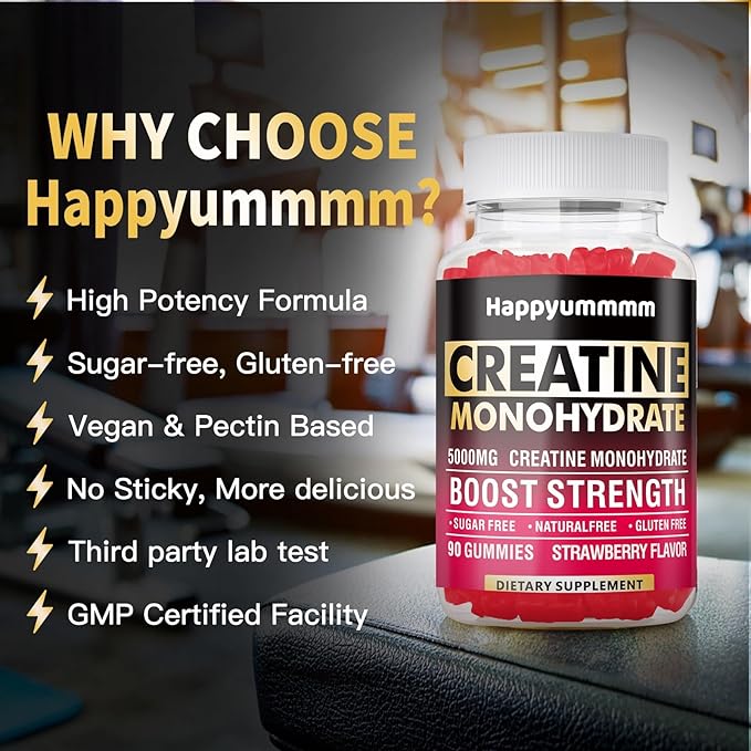 Creatine Monohydrate Gummies for Men & Women-5g of Creatine Monohydrate per Serving - Sugar Free,Vegan, Strawberry Flavor, 180 Count-2pack.