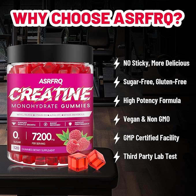 Creatine Monohydrate Gummies for Men & Women 120 CT - 7200mg of Creatine Monohydrate per Serving, Chewable Creatine Monohydrate for Muscle Support & Energy Boost, Sugar Free, Vegan (Raspberry Flavor)