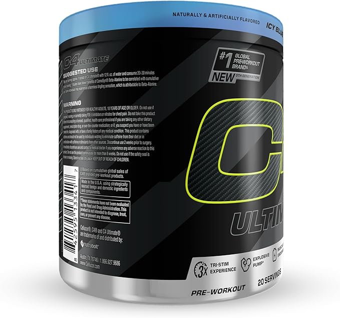 Cellucor C4 Ultimate Pre Workout Powder - Sugar Free Preworkout Energy Supplement for Men & Women - 300mg Caffeine + TeaCrine + Dynamine + Creatine - ICY Blue Razz, 20 Servings