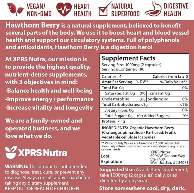 Hawthorn Berry Powder Capsules - 360 Count (6 Month Supply) - Premium Hawthorn Berry Capsules for Cardiovascular Support - Hawthorne Berry Powder - An Ideal Hawthorne Supplement for Men and Women