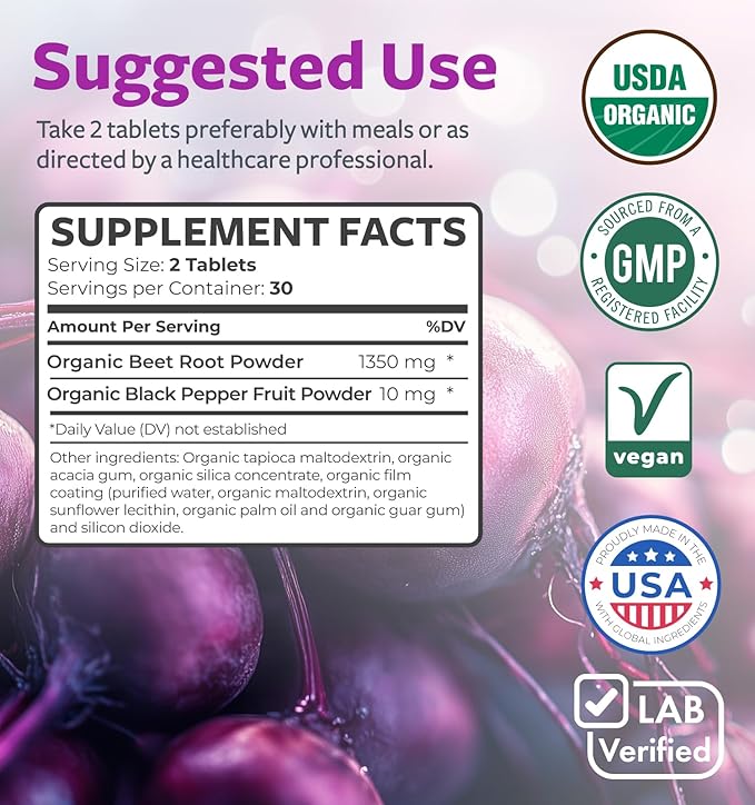 USDA Organic Beet Root Powder (60 Tablets) 1350mg Beets Per Serving with Black Pepper for Extra Absorption - Super Antioxidant and Nitrate Supplement for Athletic Performance and Stamina- No Capsules