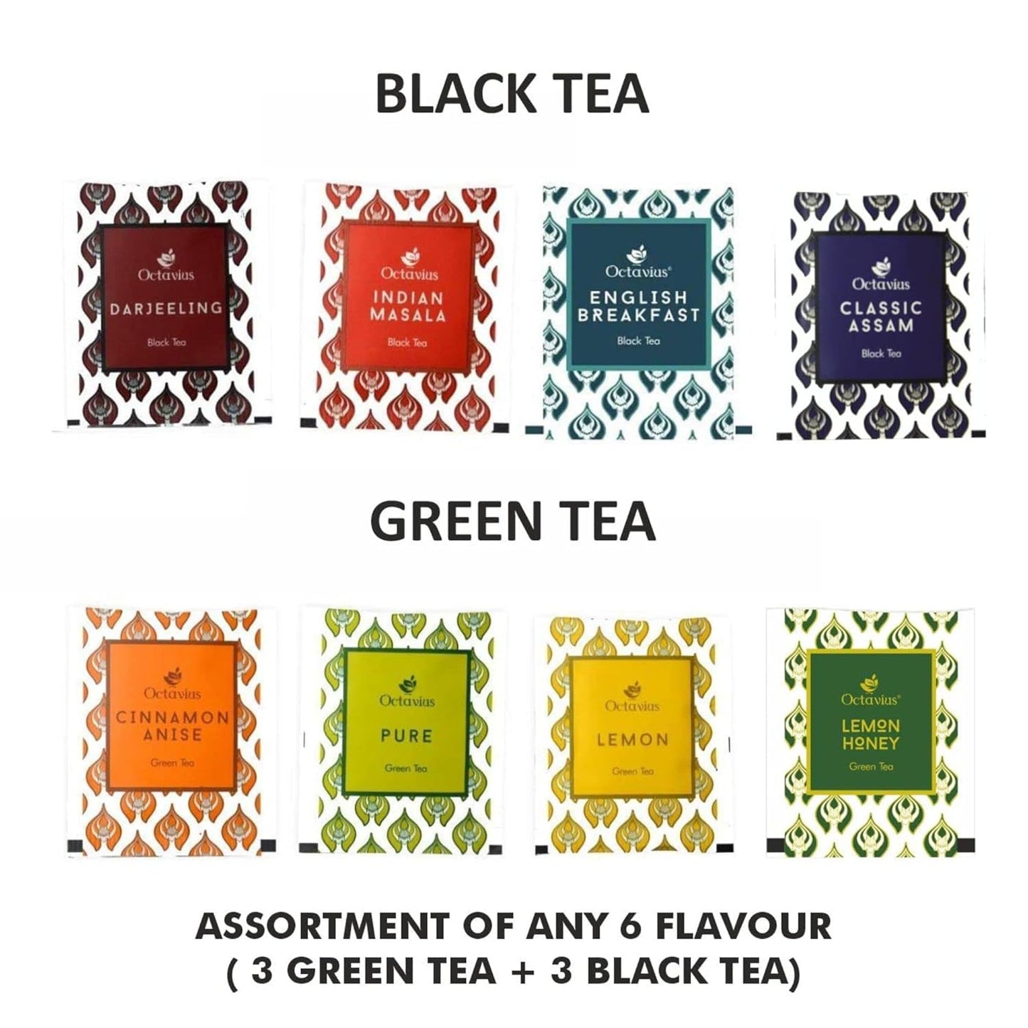 Octavius Gift's Select - Assorted Tea in Elephant Printed Wooden Box | 6 Flavors Black & Green, 60 Tea Bags | | Tea Gifts for Teas Lovers