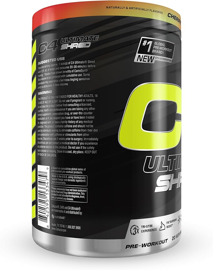 Cellucor C4 Ultimate Shred Pre Workout Powder, Metabolism Supplement with Cayenne Extract+300mg Caffeine+TeaCrine+Dynamine - Cherry Limeade, 20 Servings