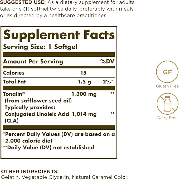 SOLGAR Tonalin CLA 1300 mg - 60 Softgels - Conjugated Linoleic Acid - Non-GMO, Gluten Free, Dairy Free - 60 Servings