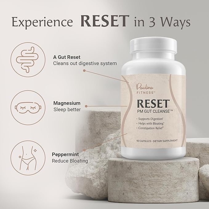 Paulina FITNESS Reset Overnight Digestive Aid, Bloating Relief, & Gut Health Supplement | Natural Detox & Digestive Cleanse to Support Weight Management and Relieve Constipation | 90 Capsules