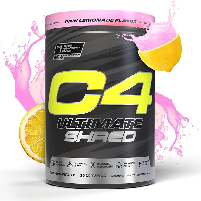 Cellucor C4 Ultimate Shred Pre Workout Powder, Metabolism Supplement with Cayenne Extract+300mg Caffeine+TeaCrine+Dynamine - Pink Lemonade, 20 Servings