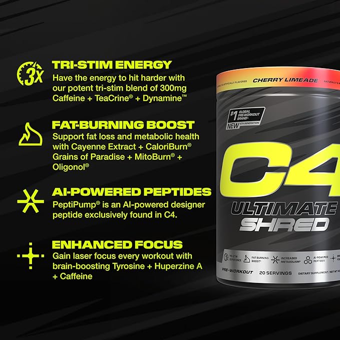 Cellucor C4 Ultimate Shred Pre Workout Powder, Metabolism Supplement with Cayenne Extract+300mg Caffeine+TeaCrine+Dynamine - Cherry Limeade, 20 Servings