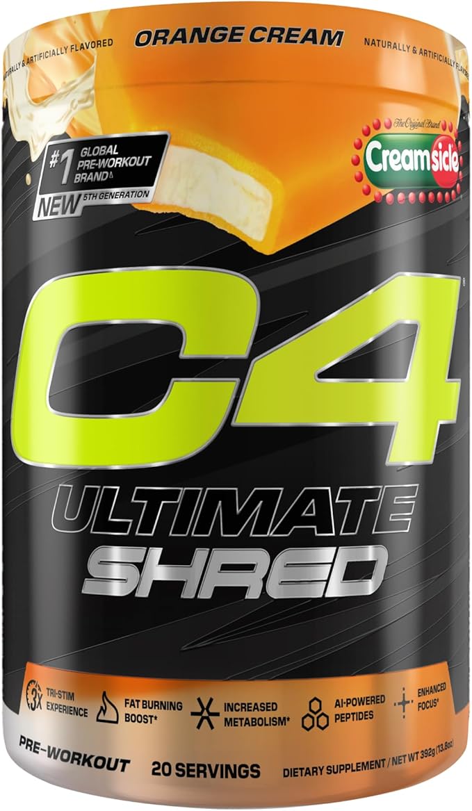 Cellucor C4 Ultimate Shred Pre Workout Powder, Metabolism Supplement with Cayenne Extract+300mg Caffeine+TeaCrine+Dynamine - Orange Creamsicle, 20 Servings