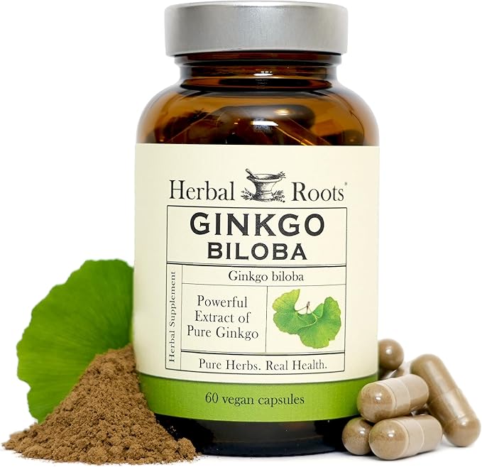 Herbal Roots Ginkgo Biloba Made with Pure Organic Ginkgo Leaf - 1,400mg per Serving, 60 Vegan Capsules