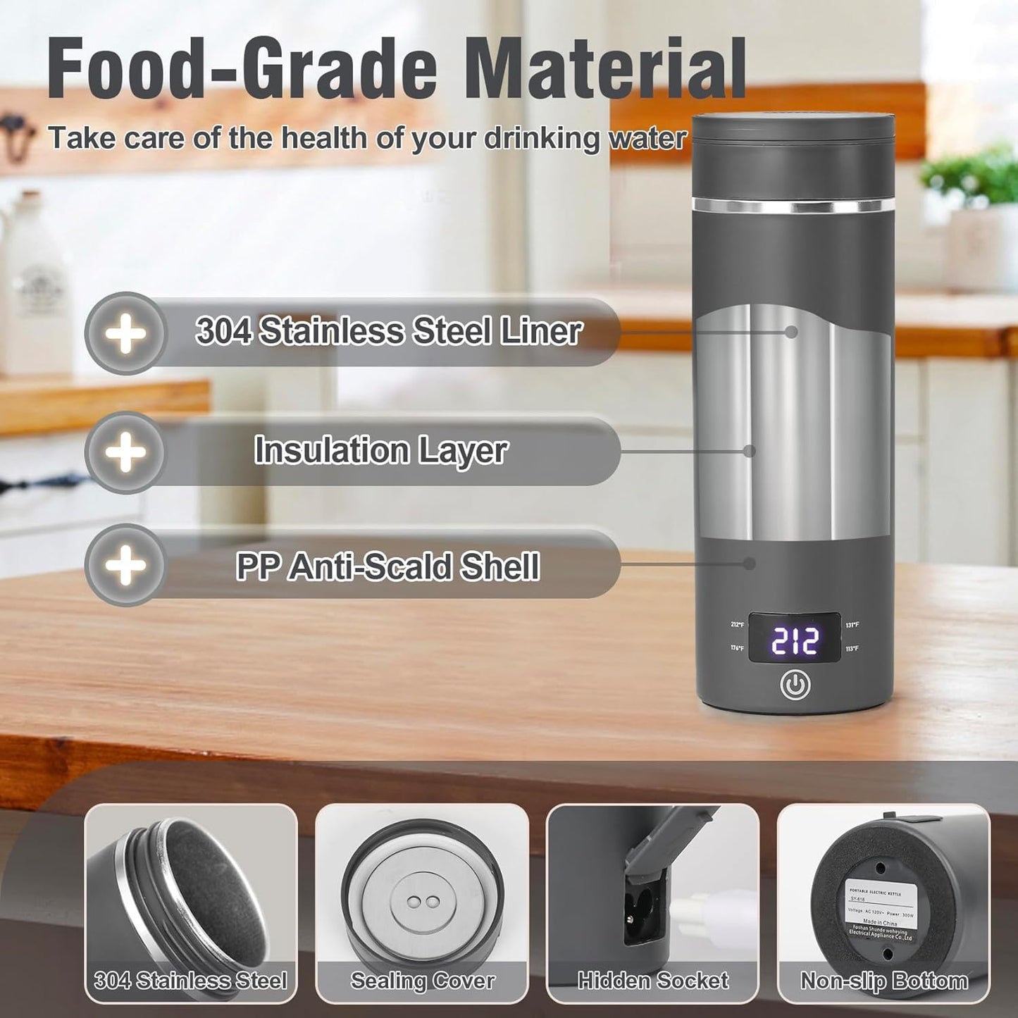 Travel Electric Kettle Portable Mini Kettle,Small Hot Water Boiler with 4 Temperature Settings,304 Stainless Steel,Fast Boiling Water with Auto Shut-Off and Boil Dry Protection,400ml (Grey, 400ml)