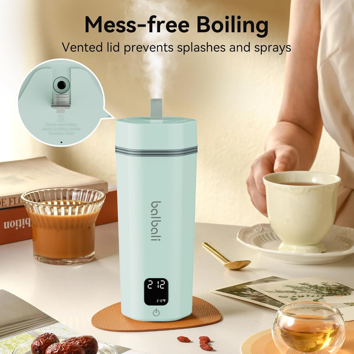 balbali Portable Tea Kettle for Travel 100-240V Dual Voltage - 6 Preset Electric Portable Water Heater for Boiling - Self Heating Cup/Thermos - 12oz Hot Water Boiler/Heater/Warmer - Green