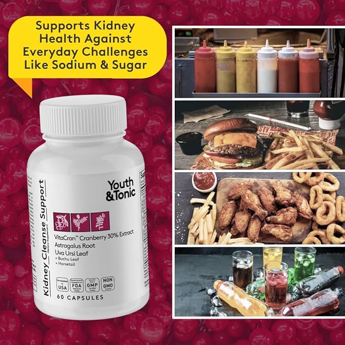 Youth & Tonic Kidney Cleanse Detox for Residual Metabolic Waste & Excess Body Water for Urinary Tract & Bladder Health 60 Capsules