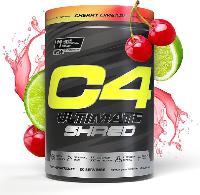 Cellucor C4 Ultimate Shred Pre Workout Powder, Metabolism Supplement with Cayenne Extract+300mg Caffeine+TeaCrine+Dynamine - Cherry Limeade, 20 Servings