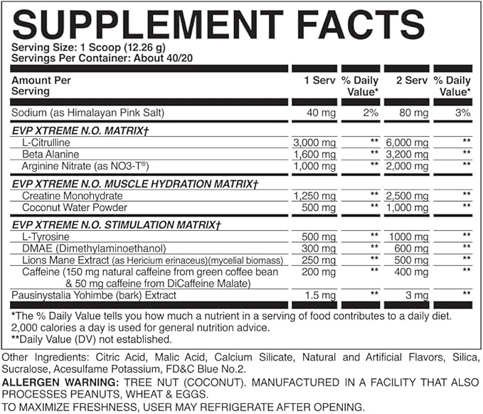 Evogen EVP Xtreme NO - Pre Workout Powder for Men & Women | Sugar Free Preworkout with Beta Alanine, Creatine, and Caffeine for Energy & Pump | Blueberry Apple | 40 Servings