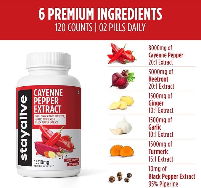 Stay Alive Cayenne Pepper 8000mg, Ginger 1500mg, Garlic 1500mg, Turmeric 1500mg, BeetRoot 3000mg, Black Pepper, 120 Cayenne Capsules, Support Cardiovascular & Immune System, Capsaicin Supplement Pills