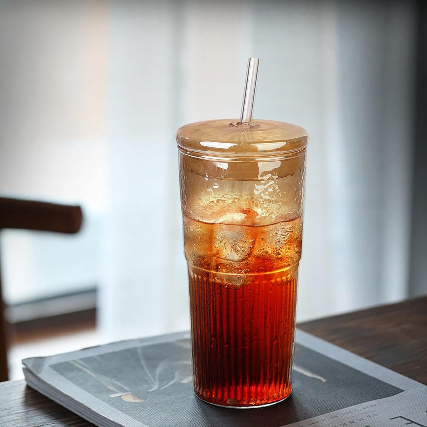 Glass Cups with Lids and Straws, Amber 20 OZ Iced Water Glasses Tumblers for Ice Juice, Tea, Milk, Smoothie and Cold or Hot Drinks, Set of 2