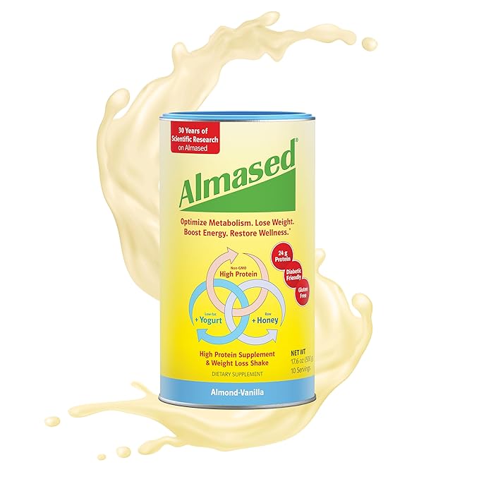 Almased Vanilla Meal Replacement Shake - Low-Glycemic High Plant Base Protein Powder- Nutritional Weight Health Support Supplement - Vanilla Flavor - 17.6 oz (1.1 Pound (2 Pack))