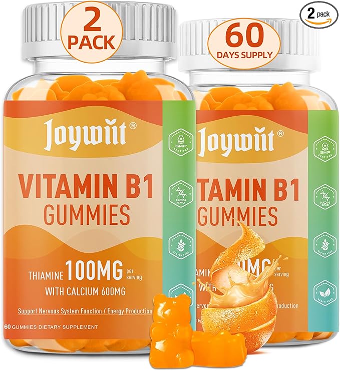 Vitamin B1 Gummies 100mg for Adults & Kids, Thiamine B1 Supplement with 600mg Calcium, Nervous System Supports & Boost Energy, Orange Flavor, Non GMO, Vegan, 120 Chewable Gummies