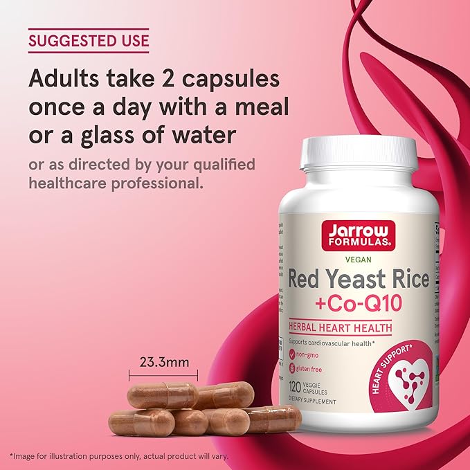 Jarrow Formulas Red Yeast Rice 1200 mg & Co-Q10 100 mg Per Serving - 120 Veggie Caps - 60 Servings - Herbal Heart Health Dietary Supplement - Supports Cardiovascular & Heart Health - Vegan
